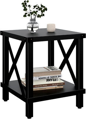 Industrial Farmhouse End Table with Storage Shelf - Black Wood & Metal Design
