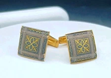Vintage Damascene Toledo Spain Gold Gilt Black Enamel Bullet Back Cufflinks 1"