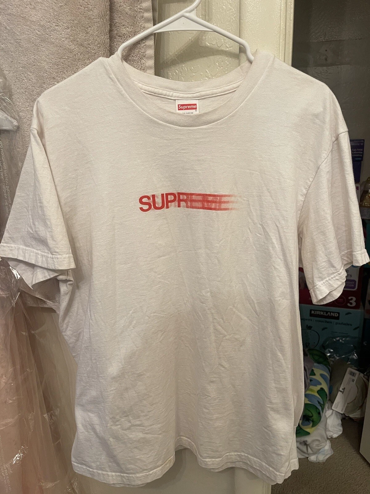 T shirt Supreme Motion Logo blanc (L) logo rouge (utilisé) bon état homme grand
