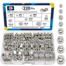 220 Pack SAE Nylon Insert Locknuts Assortment Kit,6#32 8#32 10#24 10#32 1/4"-...