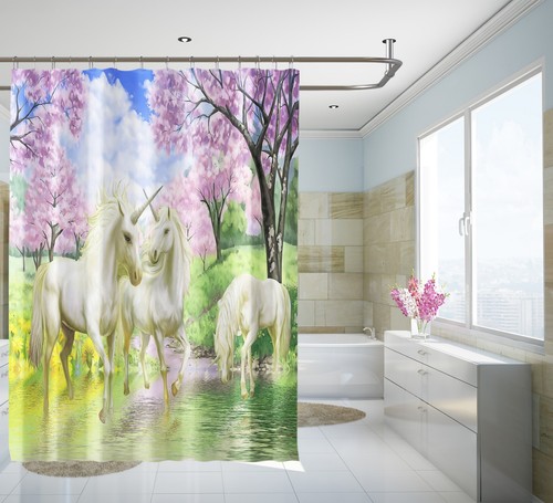 Rideau de douche 3D licorne rivière 78 étanche fibre salle de bain maison fenêtres toilettes - Photo 2/3