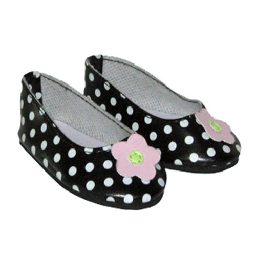 Black Polka Dot Slip-On Shoes with Flower Design for 18-Inch American Girl Dolls