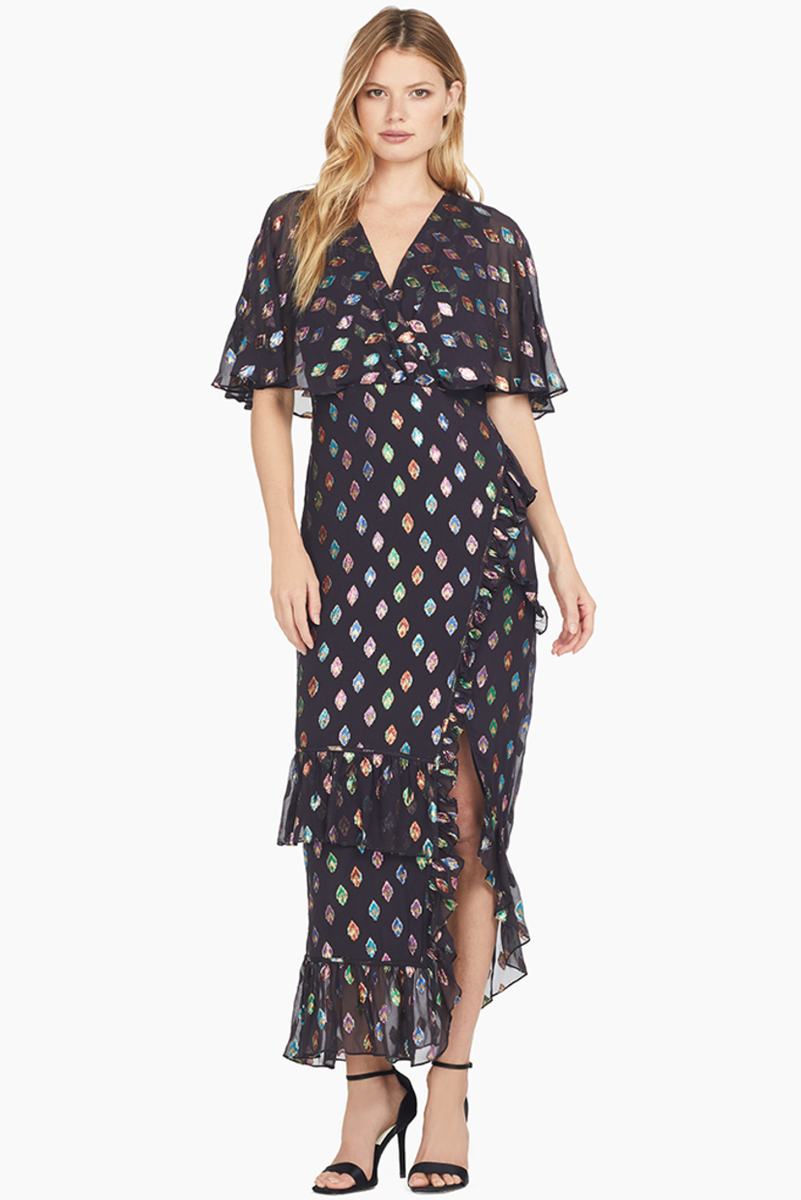 SALONI Black Rainbow Lurex Silk Rose Ruffle Cape Back Midi Maxi Dress 4US =  UK8 | eBay