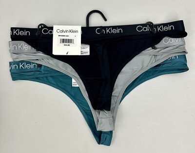Women's Calvin Klein Thong 3 Pack Underwear L Teal Grey & Black 85% Polyamide