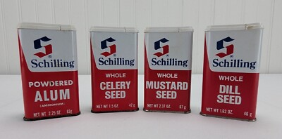 Vintage Schilling Tins Lot of 4 Dill Seed Mustard Seed Celery Seed Powdered Alum