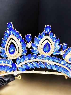 Quinceanera Crown, Blue Rhinestone Crown, Large Size Crown, Gold Crystal Crown FAST SHIPPING!!! Gold and Blue Stones Tiara, Gorgeous Gold  main image 4