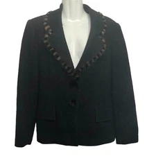 Ming Liu Blazer Womens Small Black Wool Brown Rabbit Fur Trim Pom Pom Buttons