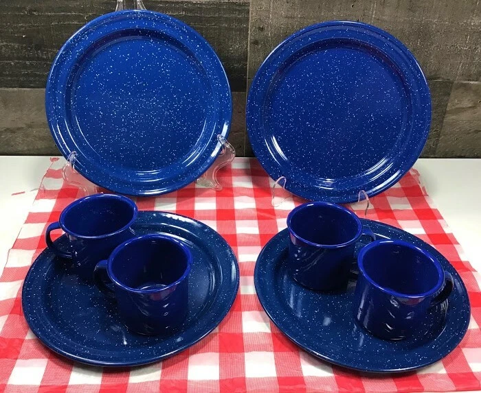 Texsport ~ Esmalte moteado azul real ~ Tazas de campamento y platos de cena ~ 8 piezas ⛺ Foto 2 de 4