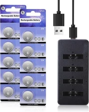 CR2032 Rechargeable Batteries CR2032 3V Lithium-ion Coin Battery with Charger...