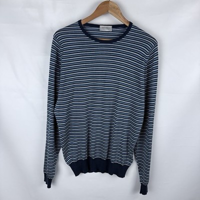 John Smedley Sweater Men Stripped Sz L Wool Blue Made In England 