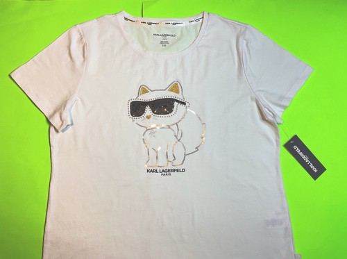 KARL LAGERFELD Women’s Short Sleeve T-Shirt LARGE White w/Black, Gold, Silver - Picture 3 of 14