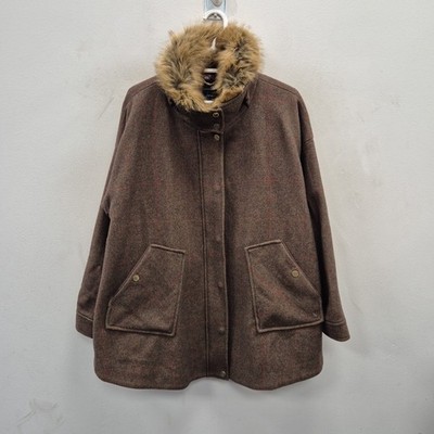 Joules Carolyn Swing Cape Mantel Tweed Karo Wolle Gr. Medium Kunstfell Country