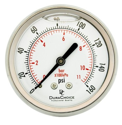 2-1/2'' Oil Filled Pressure Gauge, All SS, 1/4'' NPT, Center Back, 0-160PSI