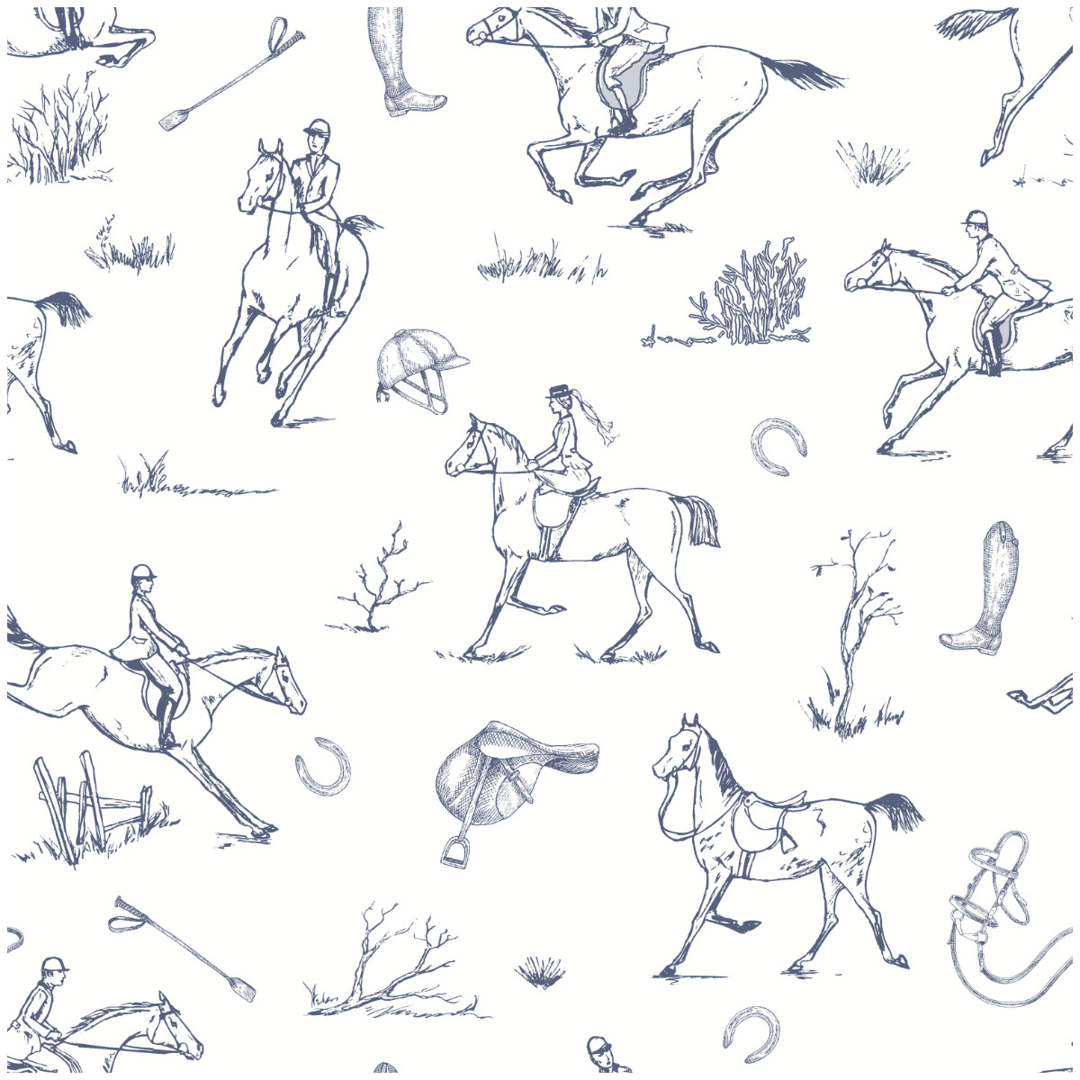 Equestrian Wallpaper Horse Riding White Navy Traditional Country Feature Wall