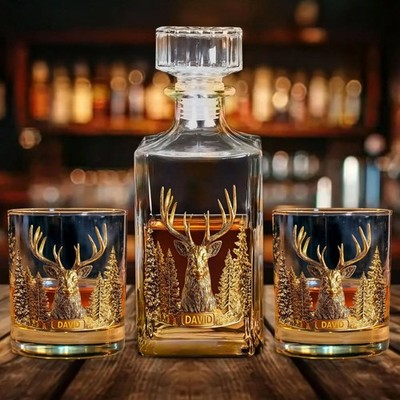 Personalized Deer Forest Whiskey Glass Decanter Set Hunting Bar Gift for Men
