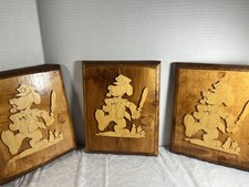 Vintage Hand-Carved Wooden Wall Art Plaques Set of 3 Rustic Folk Art D cor