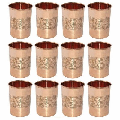 Pure Copper Water Tumbler Embossed Design Ayurvedic Yoga Health Benefits 12 Pcs