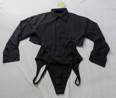 Micas Women's Patchwork Button Long Sleeve Bodysuit MS7 Black Large NWT
