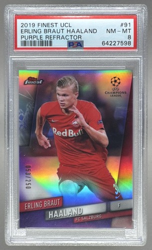 Erling Braut Haaland 2019 Topps Finest UEFA #91 Purple RC Rookie 53/250 PSA 8