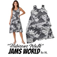 Jams World Sz XL Hibiscus Walk Black w/ White Hibiscus Flowers Shift Midi Dress