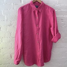 Chaps Classics Women Button Up Shirt 100% Linen Roll Tab Tunic Top Dark Pink XL