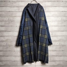 Issey Miyake Pleats Please Long Coat Reversible Check Pattern Size M Navy Japan