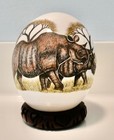 VINTAGE Scrimshaw Carved OSTRICH EGG Engraved RHINOCEROS w/CARVED WOOD STAND