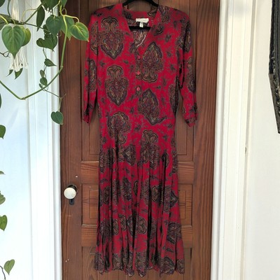 Vintage E.D. Micheals 80s Red Paisley Print Drop Waist Dress Made in USA Size 6