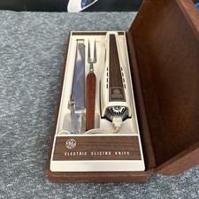 Vintage GE Electric Carving Knife Set Model 18EK2 Wood Case Fork Blades USA Made