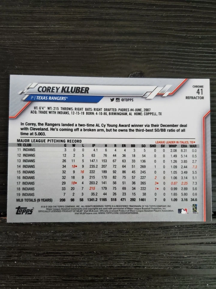 2020 TOPPS CHROME REFRACTOR #41 COREY KLUBER TEXAS RANGERS - Image 2 of 2