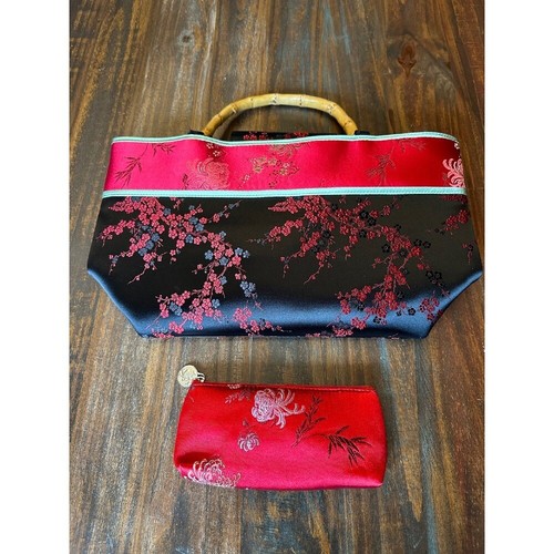Yans NY Asian Floral Purse Bamboo Handle Evening Satchel Bag Red Black - Picture 12 of 15