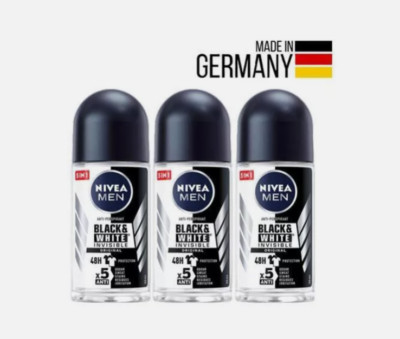 3 x  Nivea for Men Invisible for Black & White 48 Hours Deodorant Roll on 50 Ml