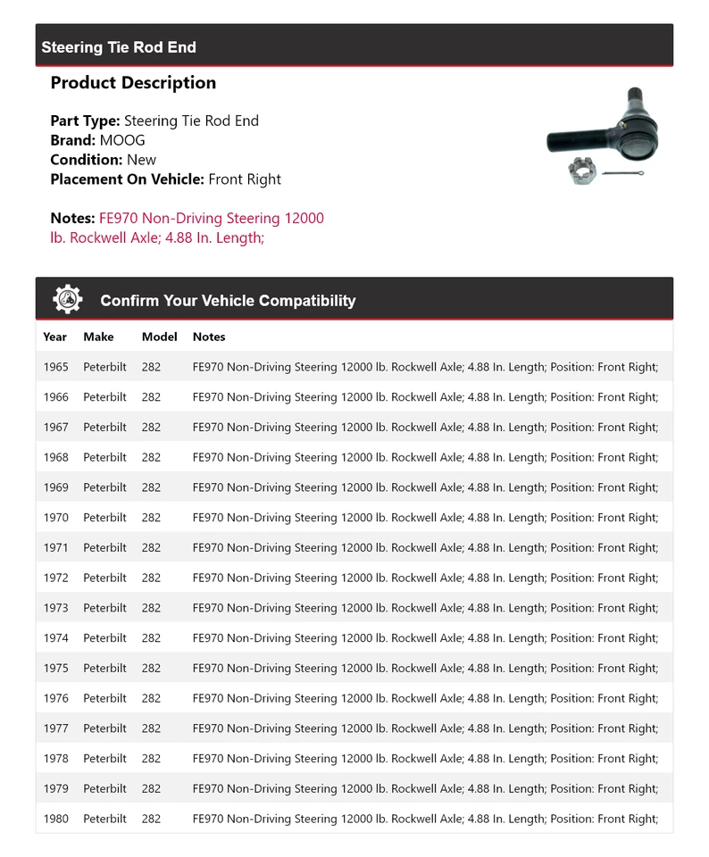 Barra de dirección delantera derecha para Peterbilt 282 1965-1980 MOOG 1965 1966 1967 Foto 2 de 4