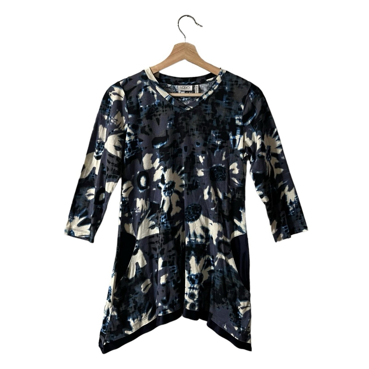 【たー】Shaggy Logo Knit Tops LOGO LOri Goldstein Printed Knit Top Size XS Asymmetrical Hem Blue