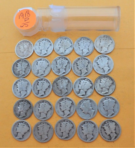 1918 D 1/2 Half Roll of 25 Mercury Dimes 90% Silver