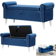 Contemporary Upholstered Storage Ottoman Bench Couch with Rolled Arms in Bedroom