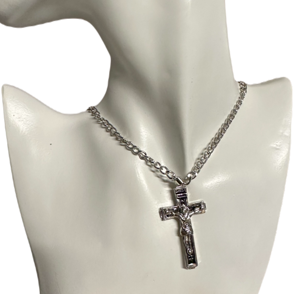 20MEN Stainless Steel 9x4mm Silver Cuban Curb Necklace JESUS Cross