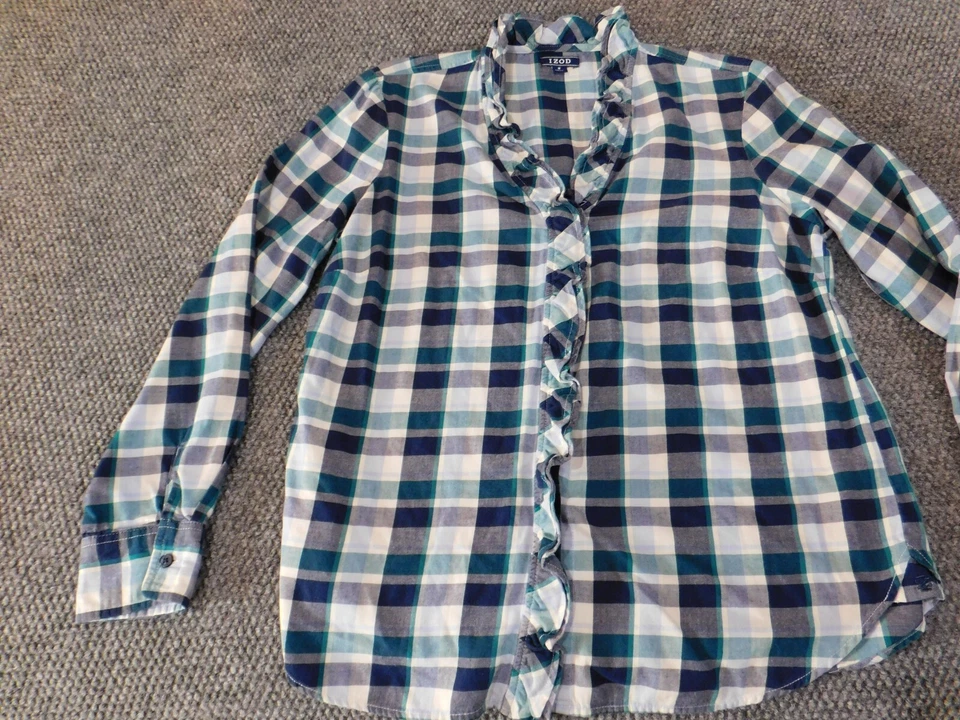Izod Womens Blouse Medium blue plaid button up classic top casual - Image 3 of 4