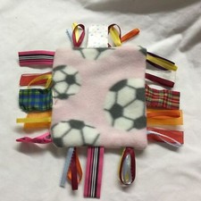 Taggie Baby Toy Soccer theme Handmade New. Sensory Tactile Pink with Soccerballs