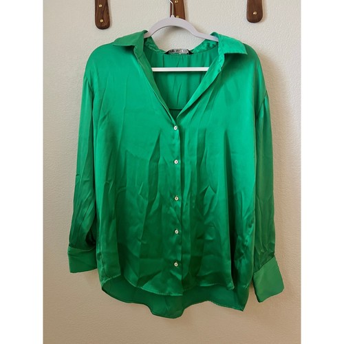 Zara Satin Button Down Blouse Womens M Long Sleeves Flowy Casual Green
