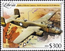 WWII MONTE CASSINO Map North American B-25 MITCHELL Aircraft Stamp 2023 Liberia