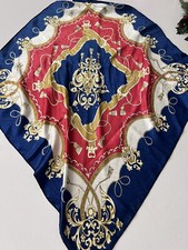Vintage Polyester Square Baroque Scarf Red Blue Gold 31  