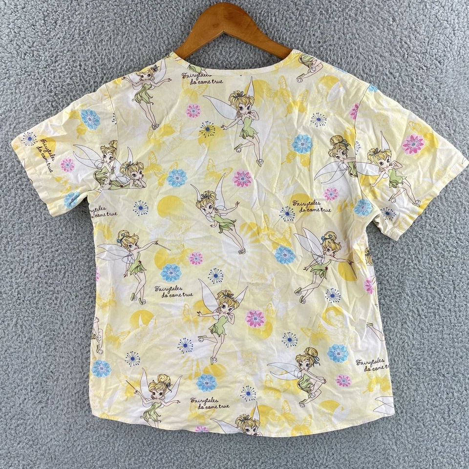 Disney Tinkerbell Scrub Top Womens Small Yellow V Neck Nursing Medical Pockets - Image 2 of 4
