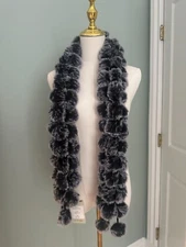LA FIORENTINA Elegant Faux Fur Fluffy Pom-Pom Muffler Scarf Black Snow Gray NWT