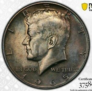 sms 1965 toned unc pcgs sp64 bu kennedy dollar half mr silver color choice