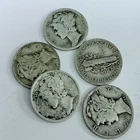 MERCURY SILVER DIMES LOT OF 5, 90% SILVER CIRCULATED COINS FREE SHIPPING #8994