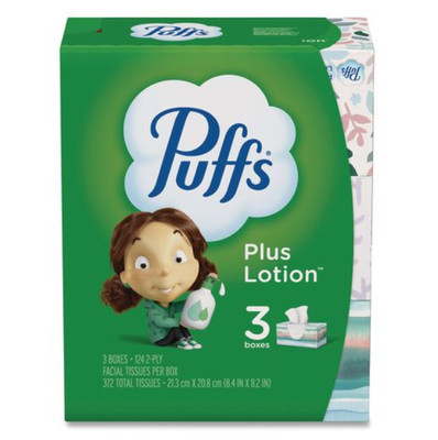 Puffs Plus Lotion Facial Tissue, 2-Ply, White, 124 Sheets/Box, 3 Box/Pack-New
