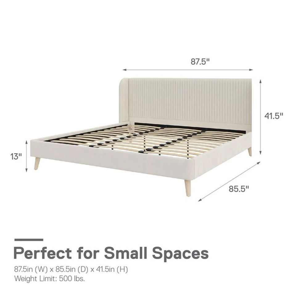 Marco de cama tapizado Novogratz Holly con respaldo de ala king marfil terciopelo Foto 2 de 4