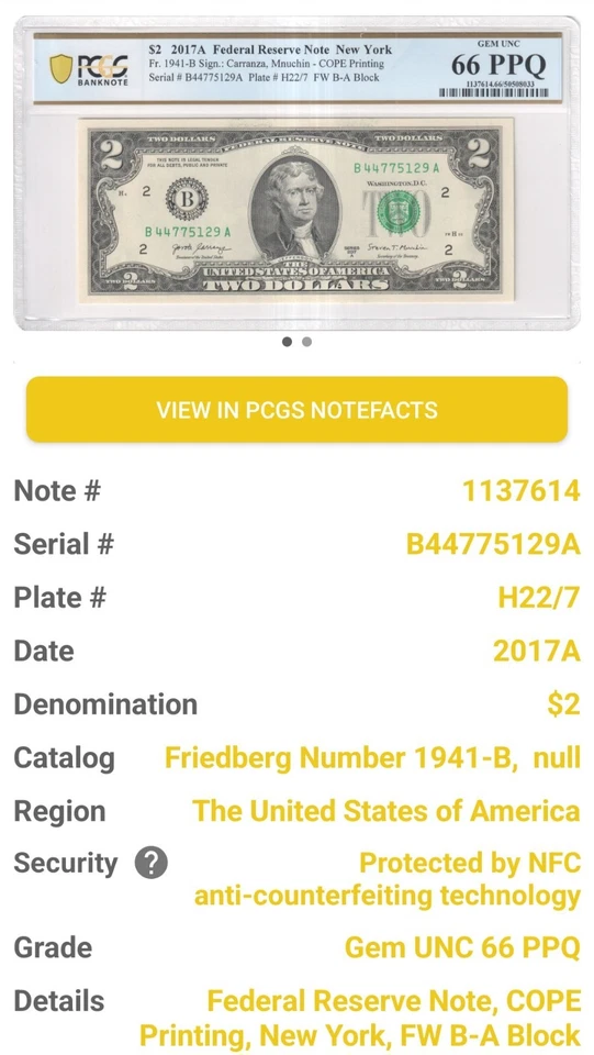 $2 2017A FRN New York 2 Notes Gem Unc PCGS 66 PPQ Consecutive Tow Double Digital - Image 2 of 4