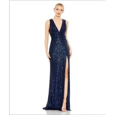 Ieena Mac Duggal Midnight Blue Sequin Wrap Waist V-Neck Long Gown 26598 Sz 8 NWT